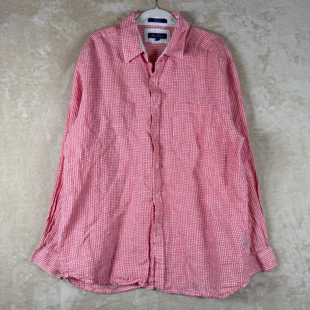 Alan Flusser Mens Red White‎ Gingham 100% Linen Long Sleeve Button Up Shirt XL
